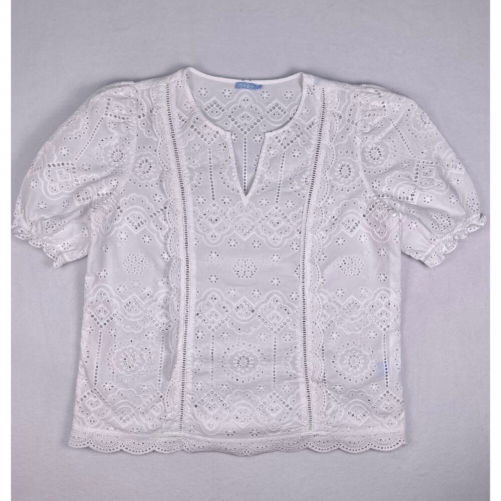 J. McLaughlin Jonie White Eyelet Cotton Blouse Split Neck Puff Sleeve Size L - Picture 4 of 10